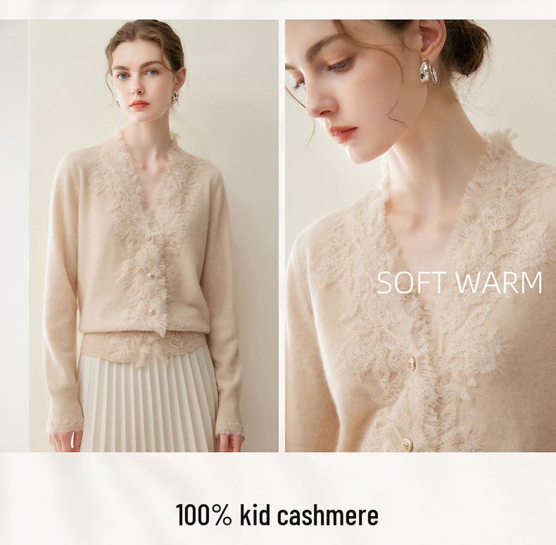 100% Pure Cashmere Women's V-Neck Tassel Lace Knit Cardigan, 2026 Autumn/Winter Slim-Fit Outerwear