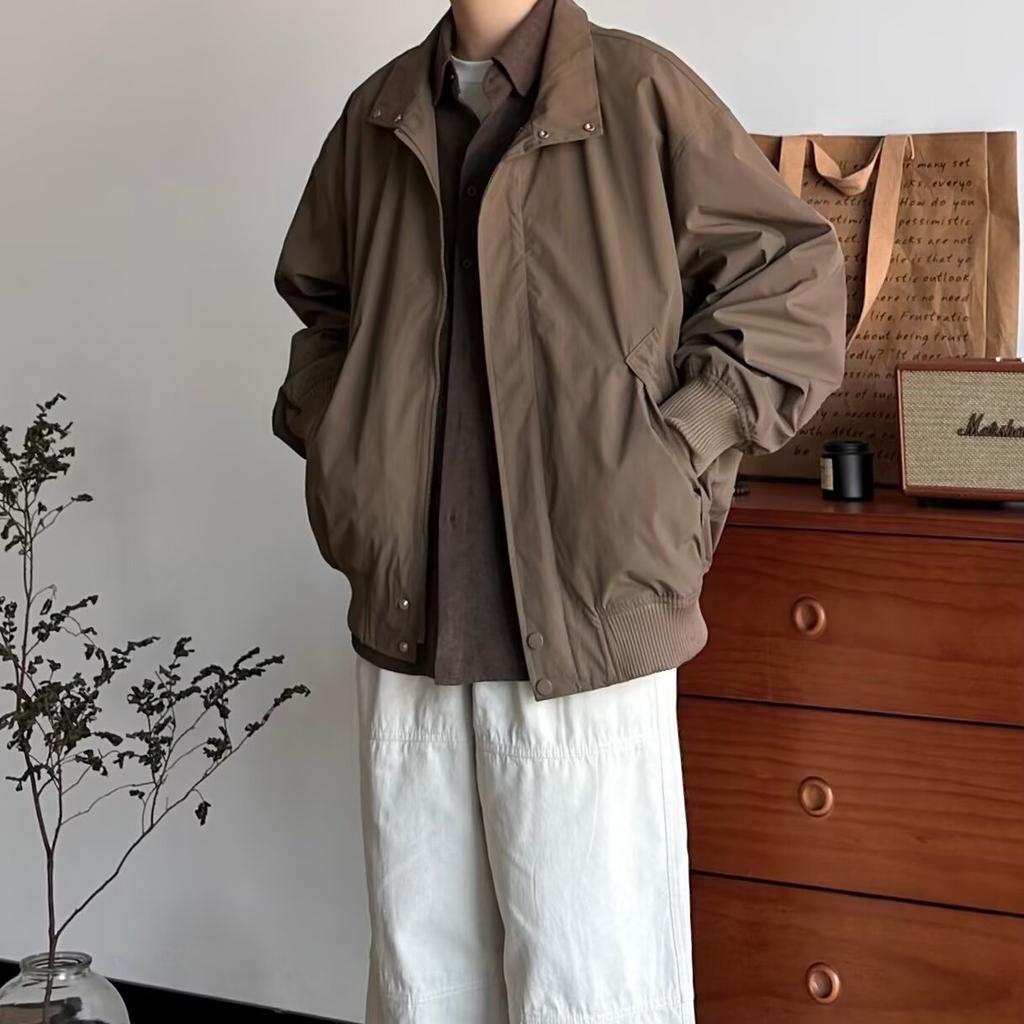 Spring and autumn new Japanese retro stand-up collar loose tooling jacket men's trend solid color versatile retro casual coat