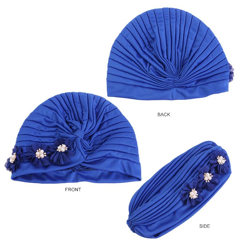 Flower Pearl Turban Pleated Inner Hijab Hat Women Chemo Cap Muslim Headscarf Beanies Bonnet Arab Islamic Hair Loss Turbante