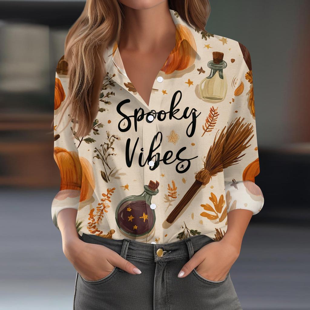 Damen Halloween Bedrucktes Lässiges Halbgeöffneter Kragen Langarmhemd