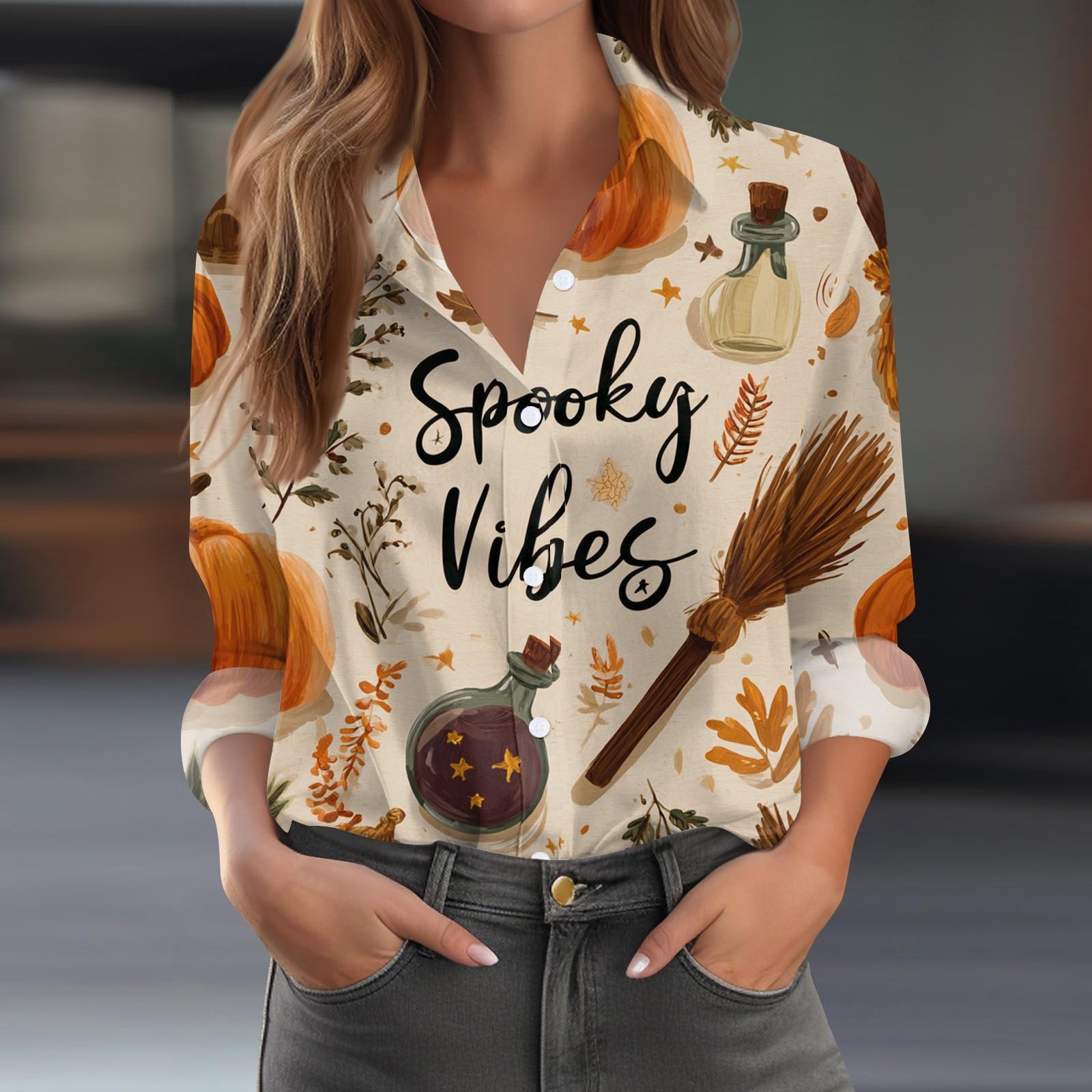 

Женская повседневная рубашка с длинным рукавом и принтом на Хэллоуин, с полуоткрытым воротником L