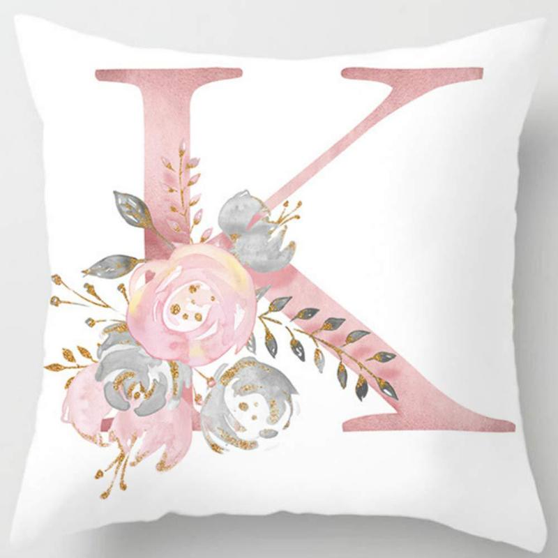 White Pink Alphabet Pillowcase Letter A-Z Flower Pillow Cover Sofa Cushion Cover Home Decor Pillow Cover