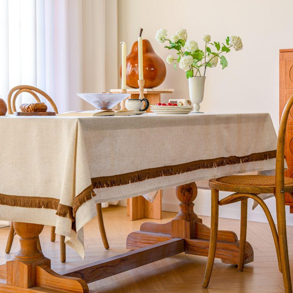 Tassel Tablecloth Linen Textured Table Cover Anti-scratch Table Cloth