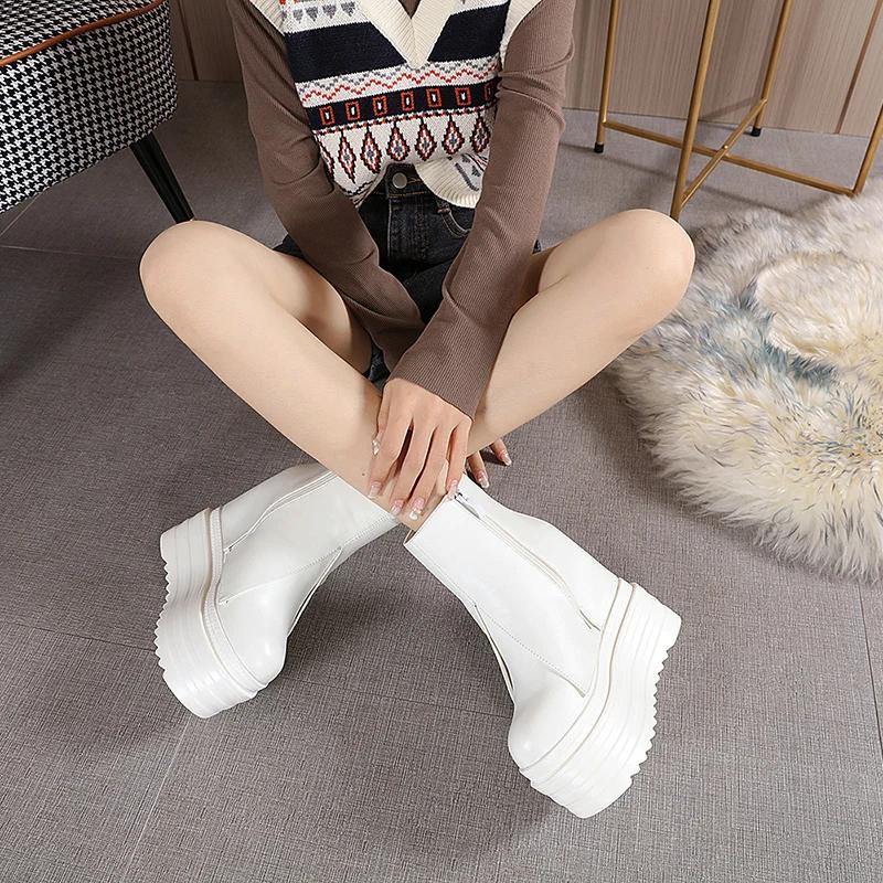 Fashion 14 CM High Heels Ankle Boots For Women Platform Boots White Black Female Shoes