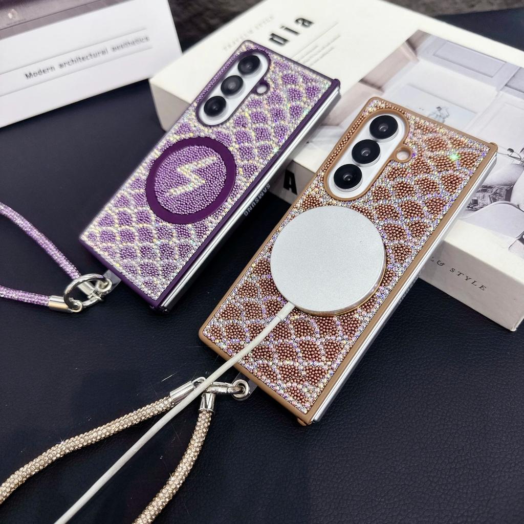 Riffel-Diamant Magnetische Handyhülle Für Samsung Z Fold 7 6 5 4 Helles Leopardenmuster PC Kristallkette Stoßfeste Schutzhülle