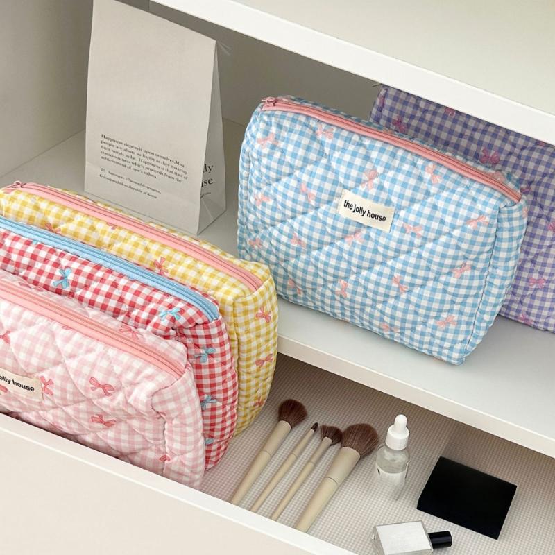 Cute Bow Cotton Makeup Bag Women Zipper Cosmetic Organizer Female Cloth Box Shape Portable Toiletry Case for Girls