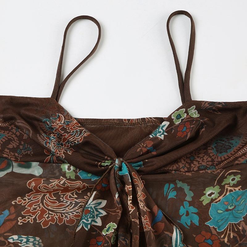 Top Canotta da Donna Estiva con Spalline Sottili, Stampa Floreale Paisley, Rete Trasparente, Nodo Frontale, Vestibilità Aderente