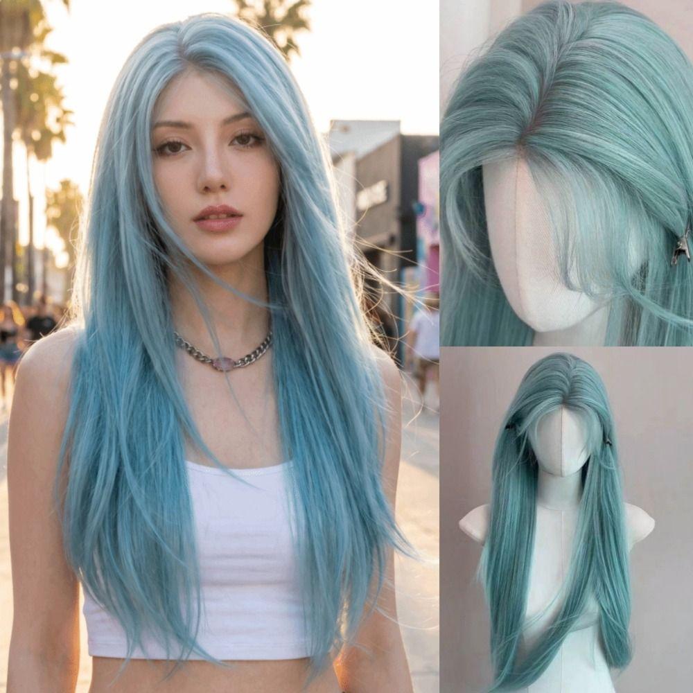 Harajuku Sea Salt Blue Wig 28inch Lolita Cosplay Wig Fake Hair Long Straight Synthetic Wig JK Girl