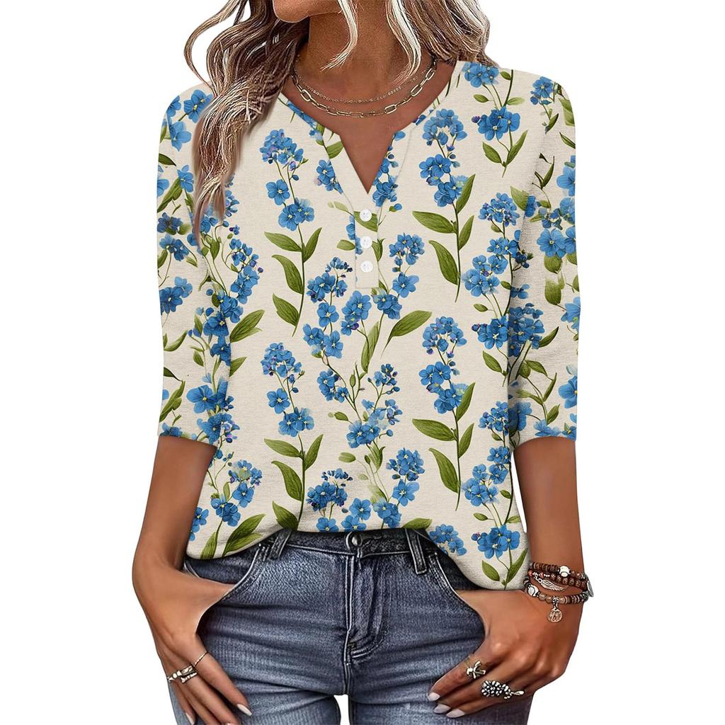 Women’s Casual Retro Floral Print V Neck Decorative Button Three Quarter Sleeve T Shirt Top for Daily Wear
