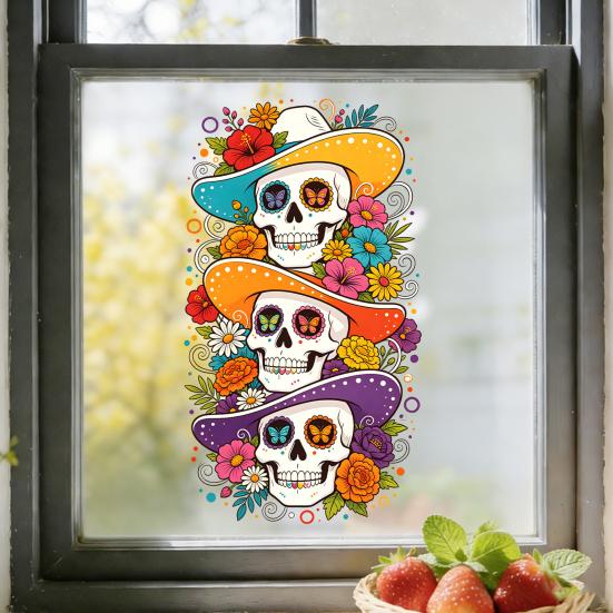 Fall Theme Wall Stickers Skeleton Undead Static Sticker, Waterproof PVC Decorative Decals, Durable Seasonal Window Art for Parties Film Autumn