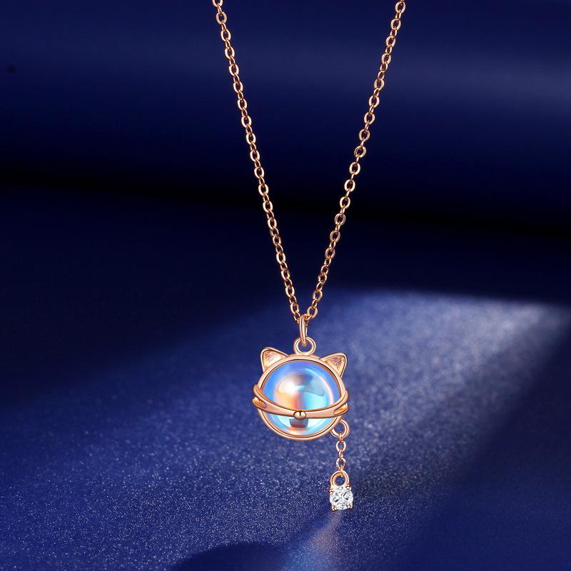 Moon Cat 925 Sterling Silver Necklace - Light Luxury, Simple Korean Style Pendant for Women 925 Silver розового золота