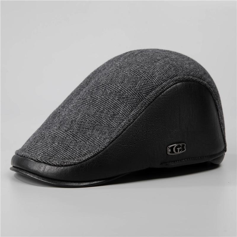 

Leather hat men s autumn and winter grandpa forward hat fleece thickened warm cap Adjustable