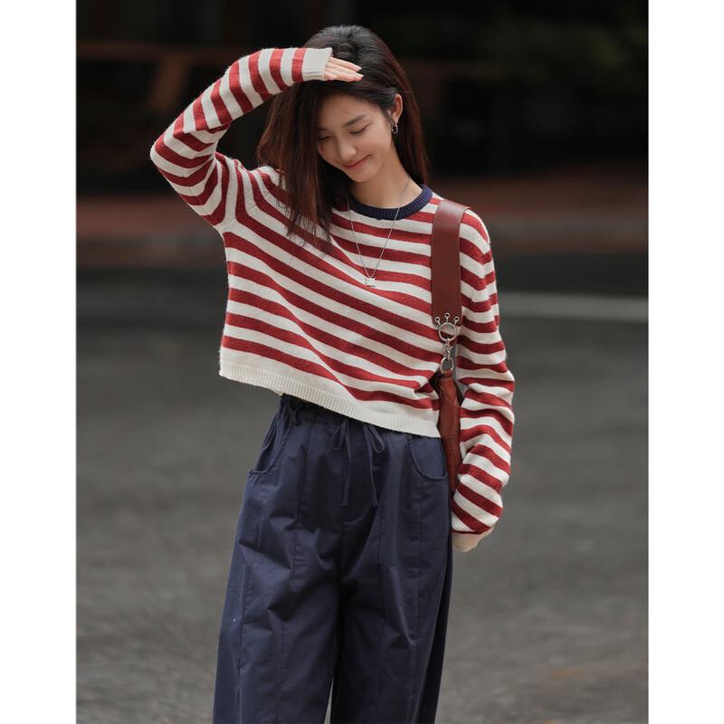 DeMana Women's Classic Stripe Round Neck Knit Sweater