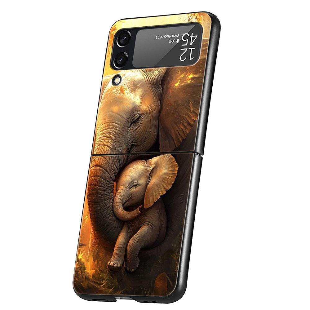Hard PC Phone Case For Samsung Galaxy Z Flip 7 6 5 4 Black Cover For Galaxy Z Flip 3 Foldable Shockproof Capas Animal Elephant