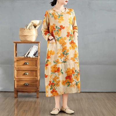 New Retro Printed Round Neck Long Sleeve Loose Large Size Long Dresses