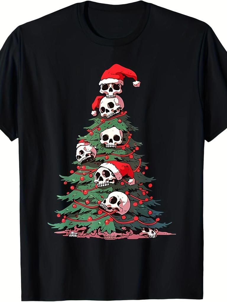 Black Skull Christmas Tree T Shirt Funny Holiday Graphic Tee With Santa Hats And Red Ornaunisexts Spooky Season Festive Plus Size