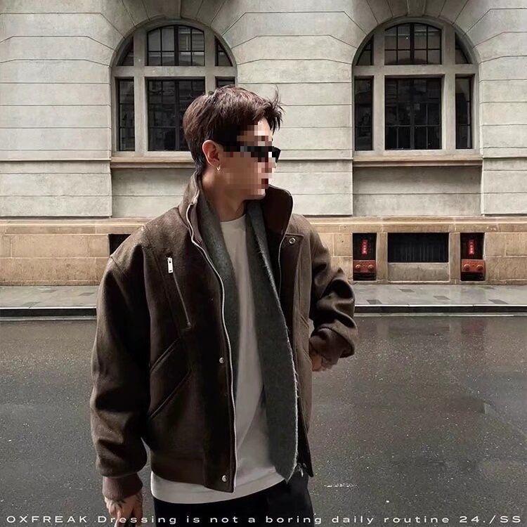 

Men s Wool-Feel Harrington Cotton Jacket with Double Zipper - Winter Thickened Design, Short Coat Outerwear M (fits 100-115 lbs) коричневий