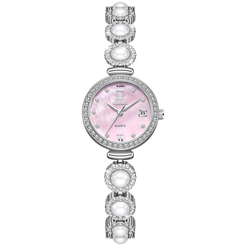 Olevs Waterproof Quartz Analog Watch with a Simple Silver Metal Band and Popular Pearl Small and a Sparkling White Pink Dial Women's Design, Bracelet,