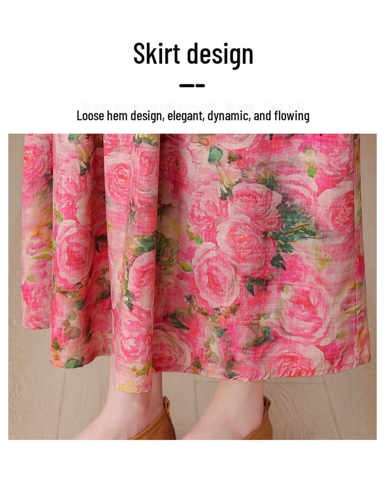 Elegant Floral Plus Size Cotton Silk Summer Dress for Middle-Aged Women