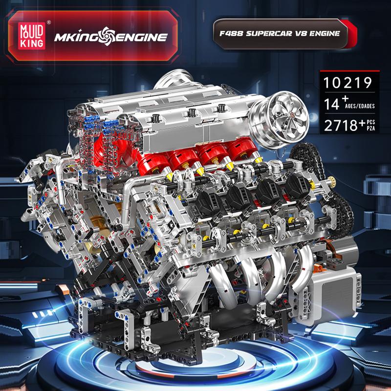 Mould King 10219 Technical Car Toys The Motorized F488 Supercar V8 Engine Building Block Assembly Engine Set Kids Christmas Gift