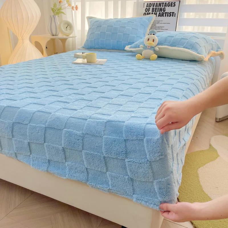 3PC(1XSheet+1XPillowcase)Winter Warm Fitted Bed Sheet Taff Velvet Fleece Bed Linen Single/Double/King/Queen Size Plush Mattress Cover Thick Bed Cover