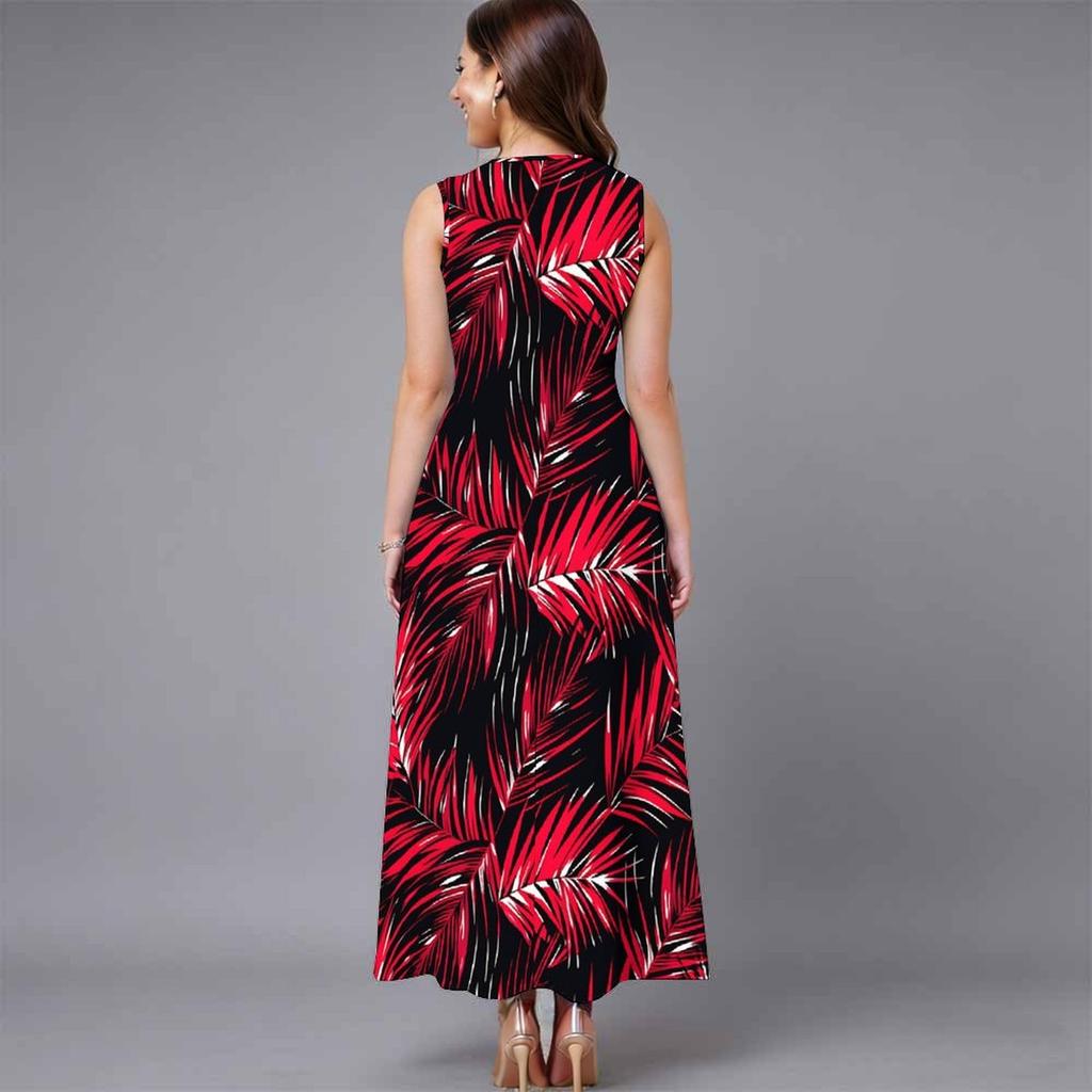 Plus Size Women Sleeveless Round Neck Dress Vivid Tropical Plant Printed Flowy Mid Calf Gown