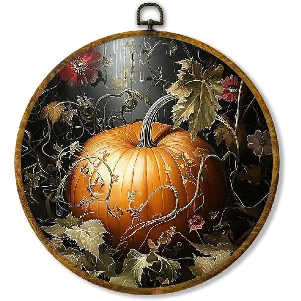 shiviody Fall Halloween Pumpkin Canvas Wall Art Decor, Autumn Halloween Hat Wall Art, Dark Moody Thanksgiving Round Hanging Frame Prints Decorations