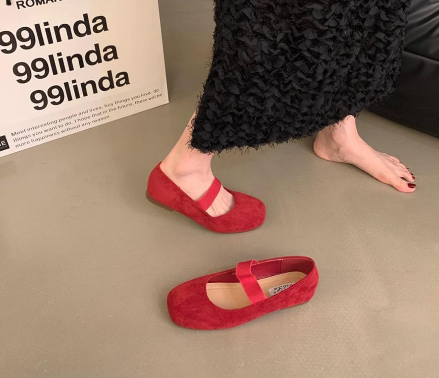 

Ballet style retro round head shallow mouth single shoes female spring and autumn new suede fairy casual elastic band flat-soled beanie shoes 35
