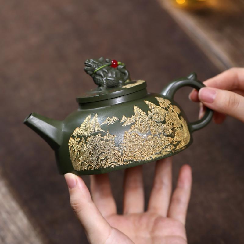 

270ml Creative Yixing Purple Clay Teapots Handmade Gold Drawing Dragon Turtle Pot Raw Ore Green Mud Kettle Chinese Zisha Tea Set