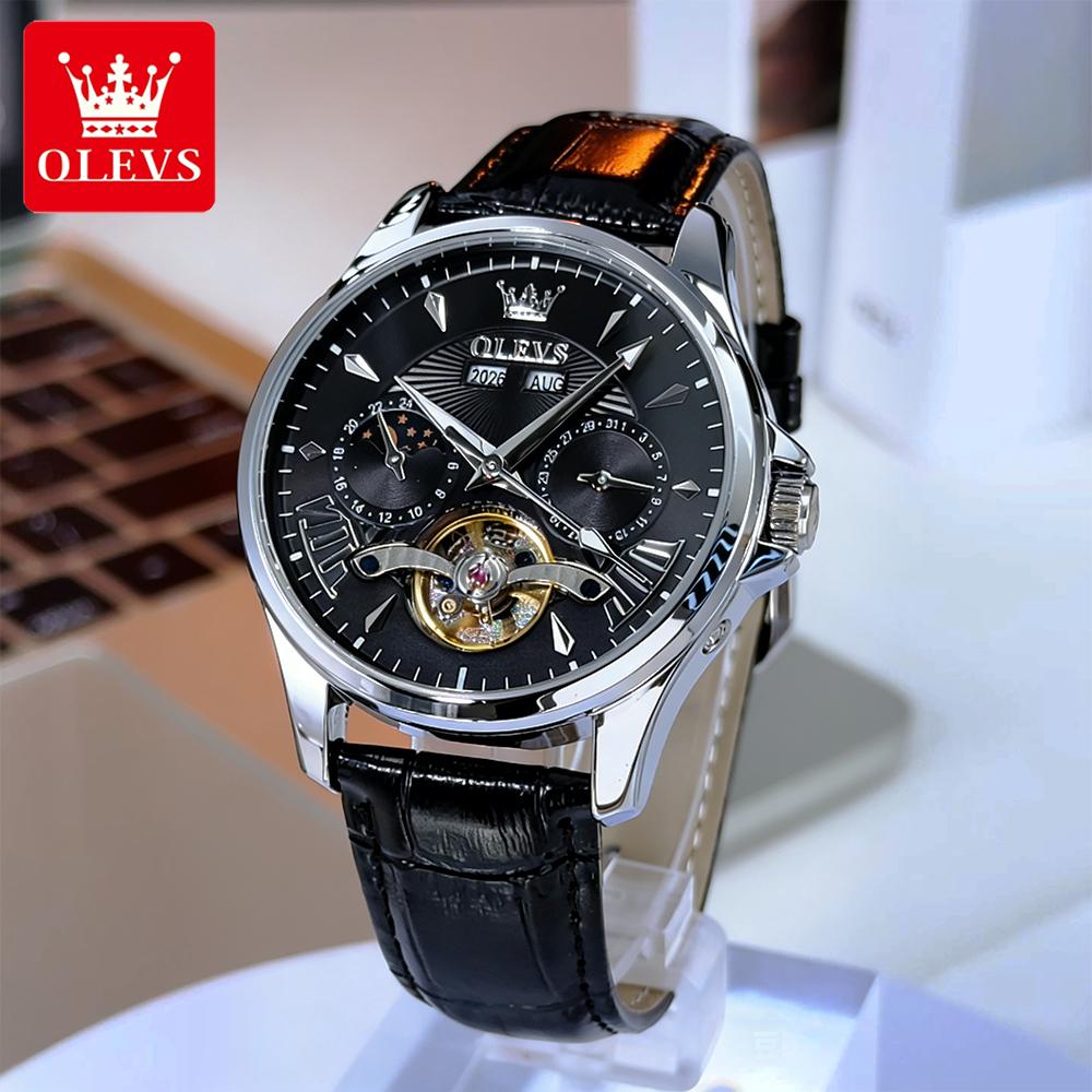 OLEVS Men's Watches Casual Fashion Leather Strap Original Automatic Mechanical Flywheel Movement Moon Phase Calendar Luminous