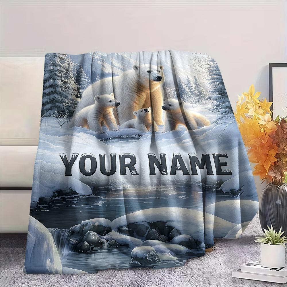1PC Custom Name Polar Bears Winter Patterned Flannel Blanket Suitable For All Seasons for Home Decor Warmth and Comfort Gifts Holiday Present_lx