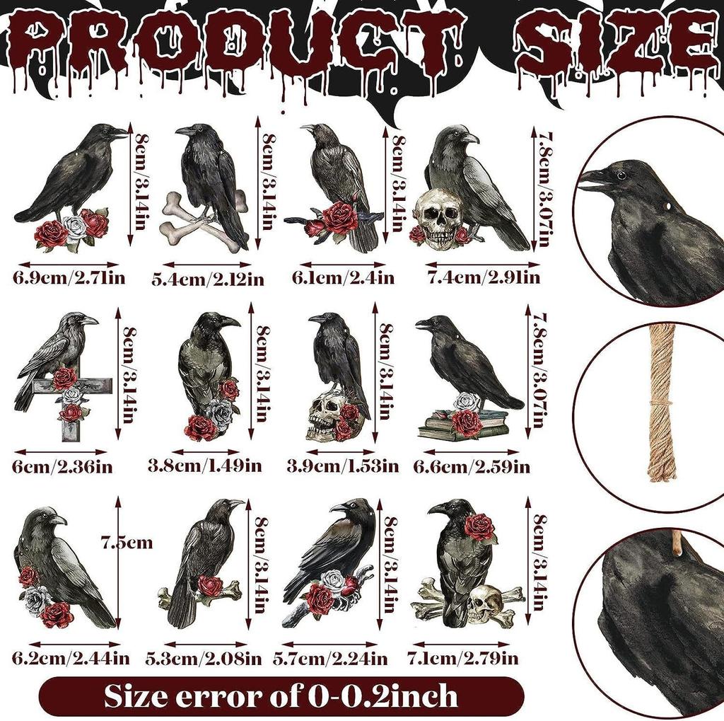 12pcs Wooden Crow Pendants Halloween Party Decoration Black Crow Hanging Wood Sign Ghost Festival Skull Crow Hanging Ornaments