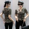 2023 Europäisches V-Ausschnitt Leopardenmuster Damen Slim Fit Kurzarm T-Shirt