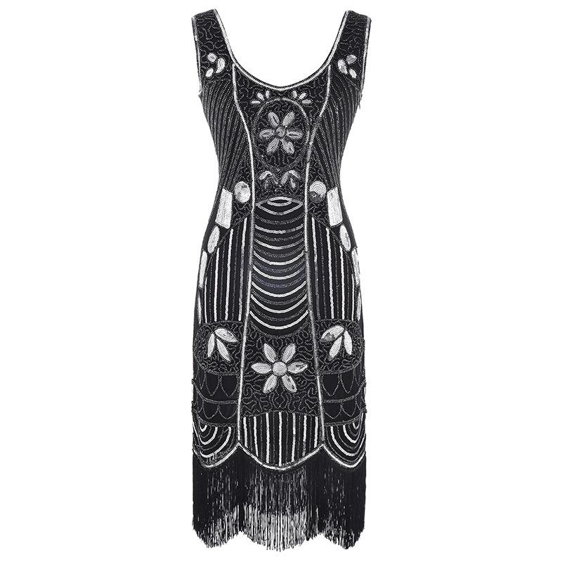 Popular, retro sequined beaded dress front and rear V-neck fashion fringed dress