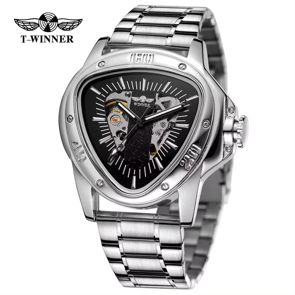 WINNER Herren Automatikuhren für Herren Luxus Hohl Dreieck Herren Mechanische Armbanduhren Skelett Wasserdicht Reloj Hombre