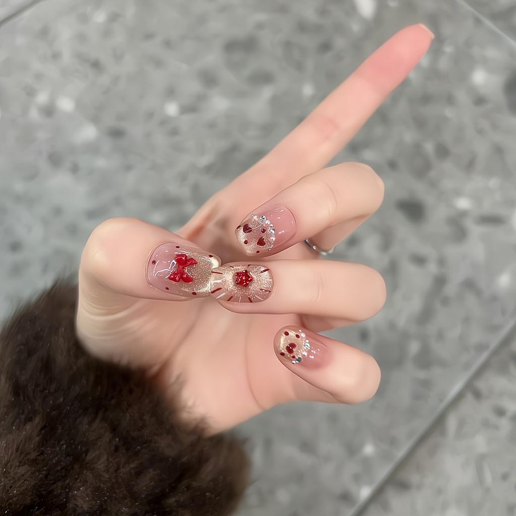 Press On Nails Artificial Acrylic Nails Glossy False Nails Full Cover Stick On Nails Square Fake Nails with Glitter Design Glue On Nails for Women