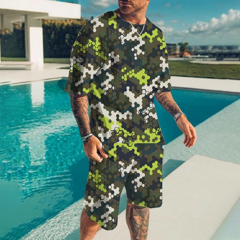 Summer Casual Breathable and Refreshing Sports Suit Oversized Men's Top Y2K Style 3D Printed Format Pattern Short Sleeve T-Shirt Man 2-Piece