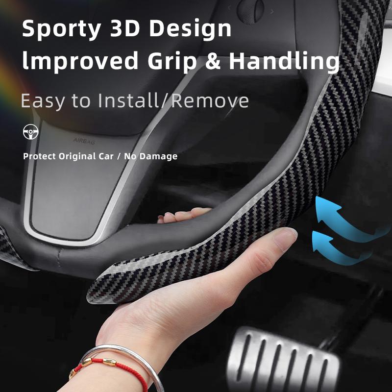 Suitable for Tesla Carbon Fiber Texture Steering Wheel Cover, Snap-On Wave-Shaped Sporty Design, Durable Protective Case Suitable for Model 3 Y S X