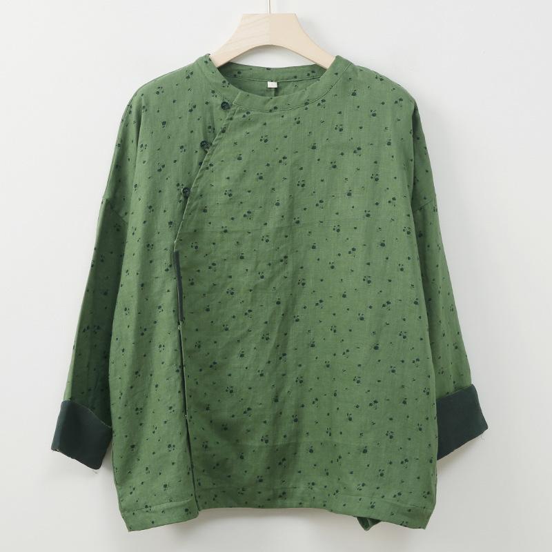 Johnature Women Vintage Shirts Print Floral O-Neck Long Sleeve Blouses Spring Button Chinese Style Shirts