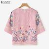 ZANZEA Women Casual Round Neck 3/4 Sleeve Floral Print Stripe Blouse