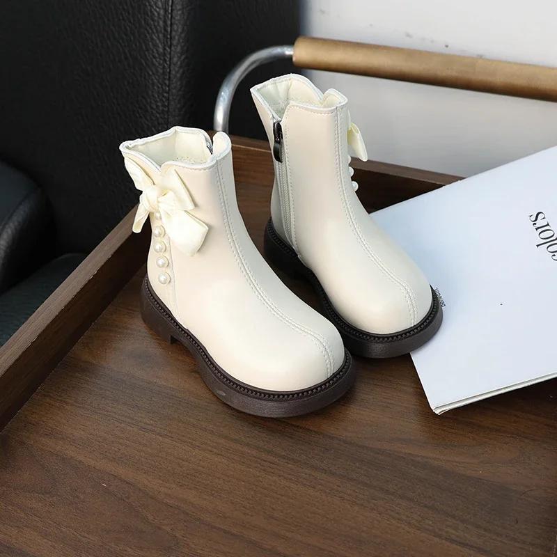 Winter Girls' Boots Elegant Trend Children Beige Cotton Boots Sweet Bowknot Versatile Kids Causal Fashion Princess Leather Boots