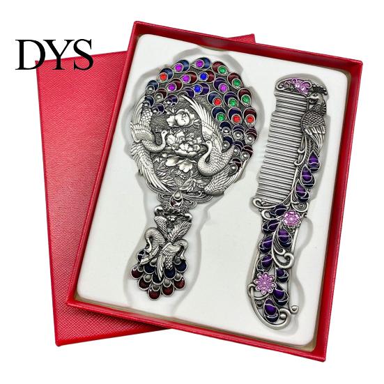 Vintage Peacock Hair Comb Mirror Set, Embossed & Handheld Rhinestone Makeup Mirror, Hand with for Women Retro Carved