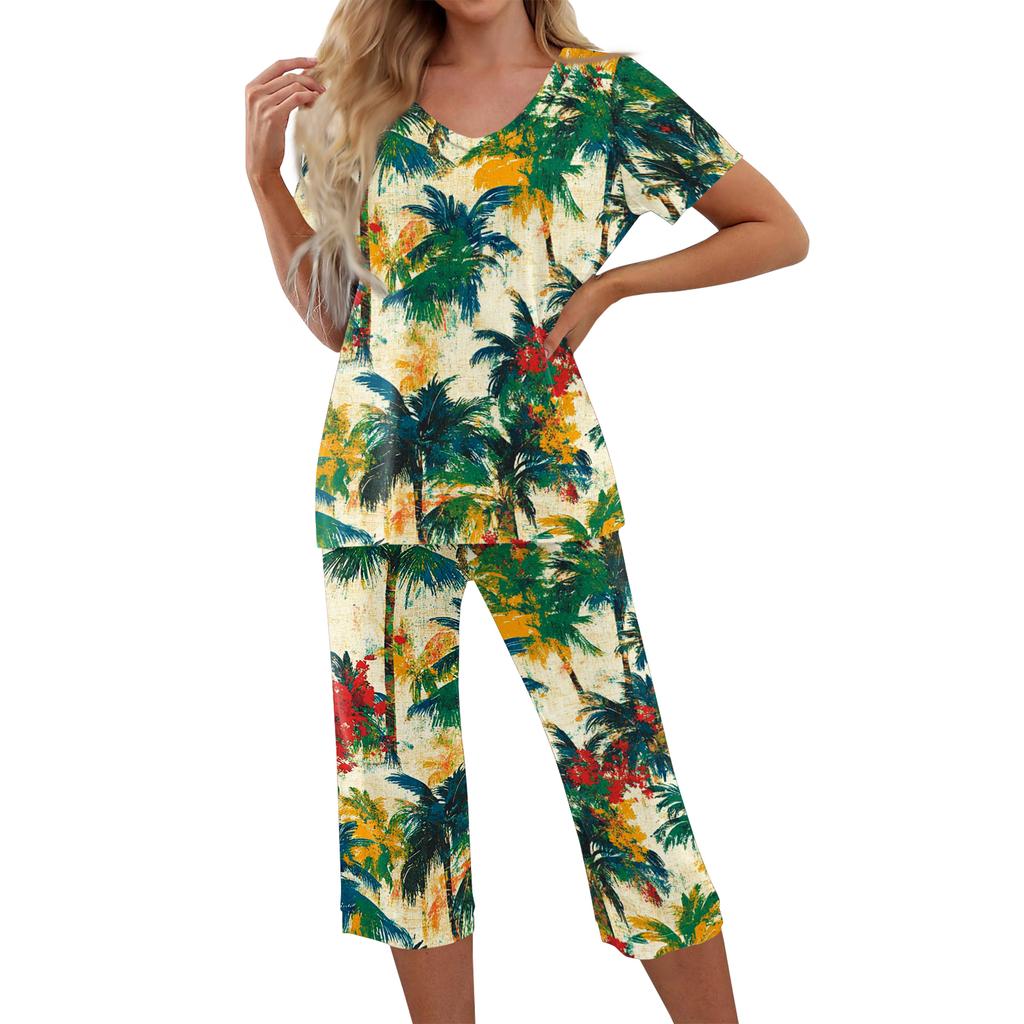 2 Piece Sets For Women Short Sleeve Top And Pants With Pockets Workout Soft Print Sets
