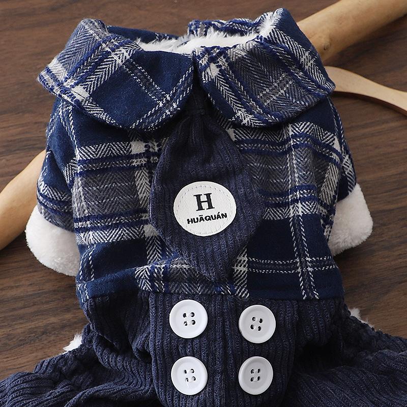 Hund Herbst/Winter Vierbeinige Hose Kariert Vierbeiniger Haustiermantel Knopf Doppellagige Cordhose Kleiner Hund Baumwollmantel