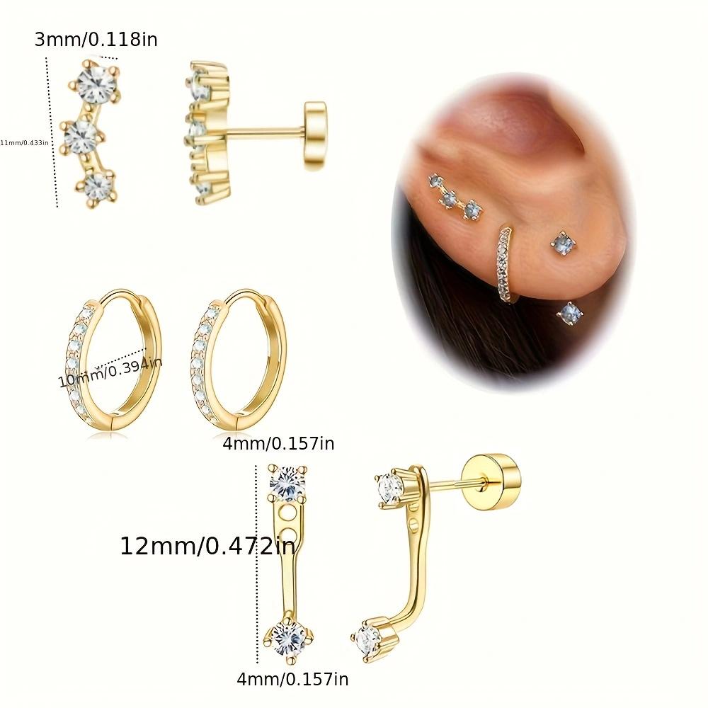 6 Pcs Gold Plated Stainless Steel Flat Back Earrings Set Green Zirconia Cartilage Studs Elegant Jewelry