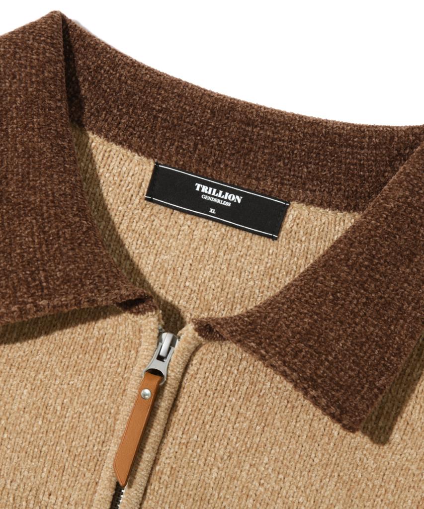 TRILLION Color Work Collar Zip-Up Knit Jacket [Beige]