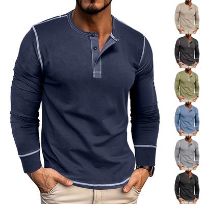 Herren Langarmhemd Herren Rundhalsausschnitt Knopf T-Shirt Farbblock Top