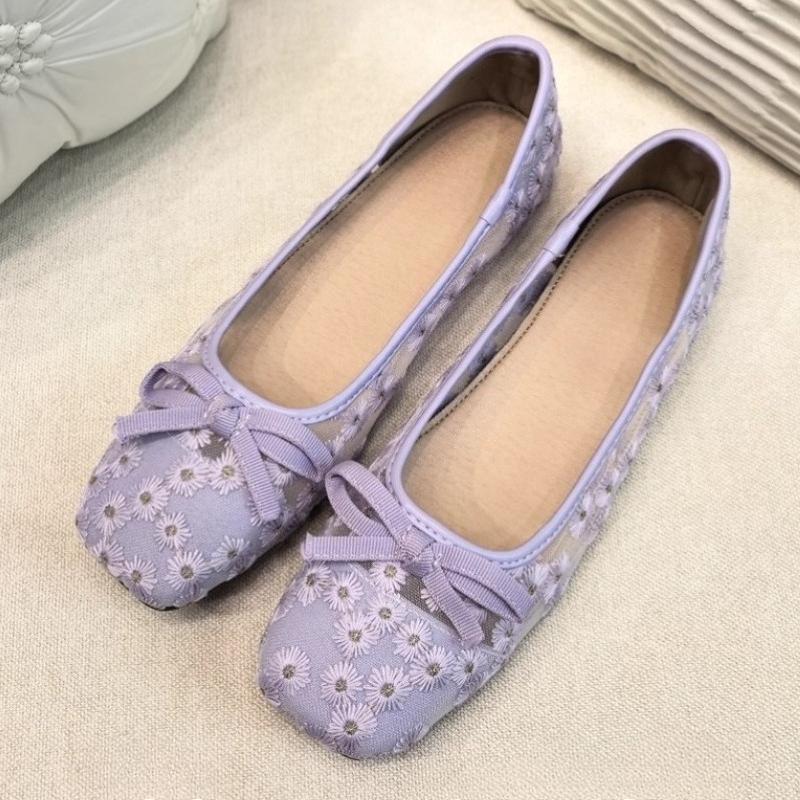 Sweet Daisy Embroidery Design Brand Ballet Flats Women Cute Square Toe Bow Decorated Mary Jane Shoes Cozy Mesh Low Heel Loafers