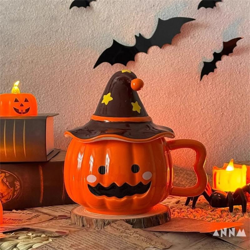 Unique Halloween Themed Ceramics Coffee Cup With Detachable Witch Hat Cover Pumpkin Shape Mug For Hot Beverages Gift