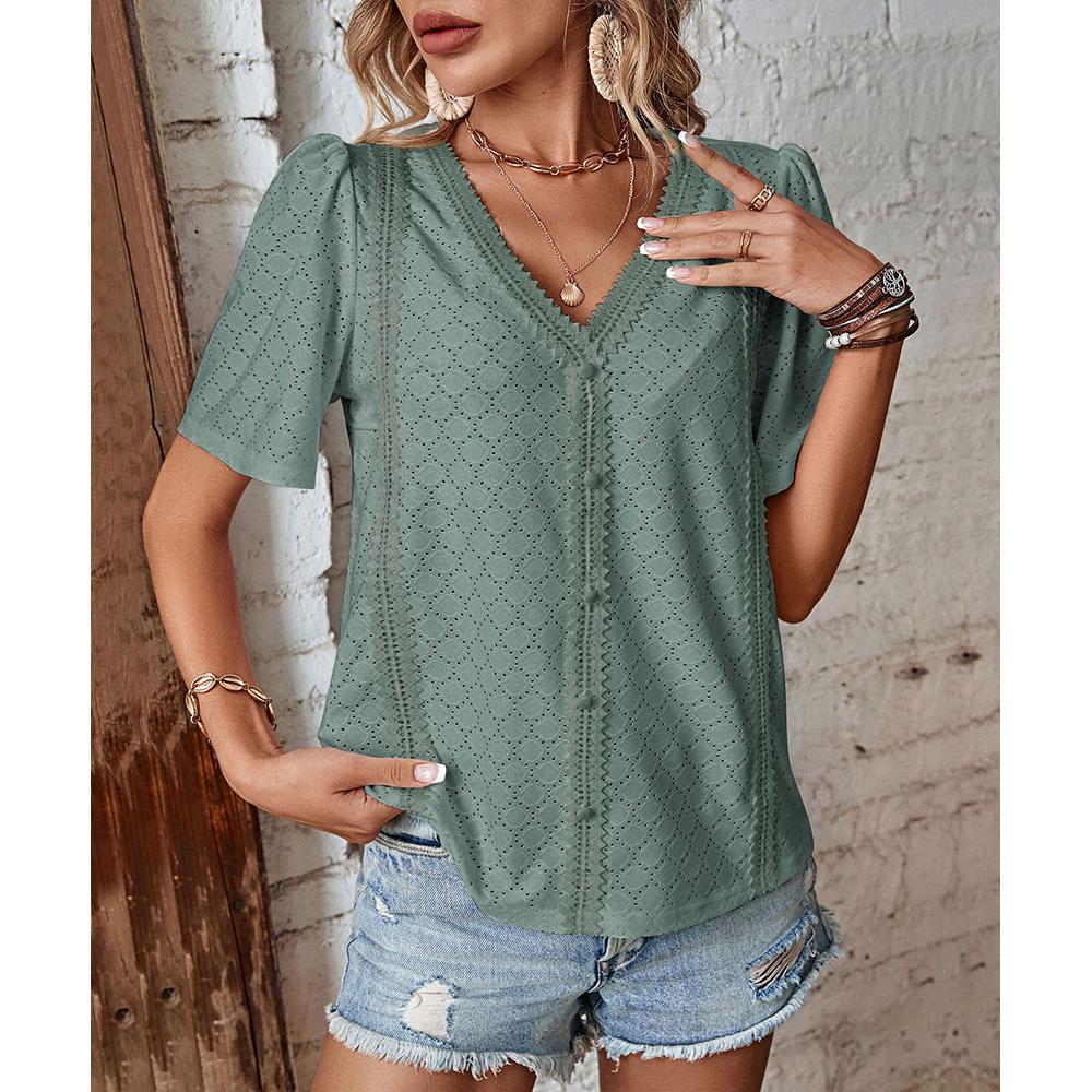 Dressy Summer Eyelet Tops for Women Short Sleeve Lace V Neck Tunic Blouse Loose Button Up Casual Tee Shirts